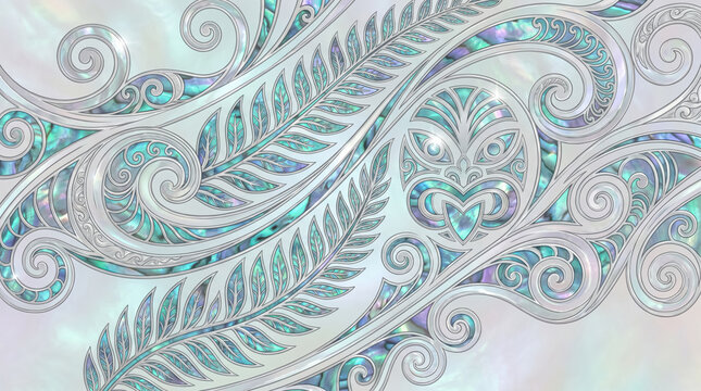 Intricate New Zealand background with silver tiki mask, koru spirals, fern fronds, and iridescent paua shell texture.