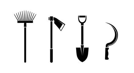 Gardening tools icons set including rake hoe shovel and sickle for agriculture and landscaping concepts © Pabitra