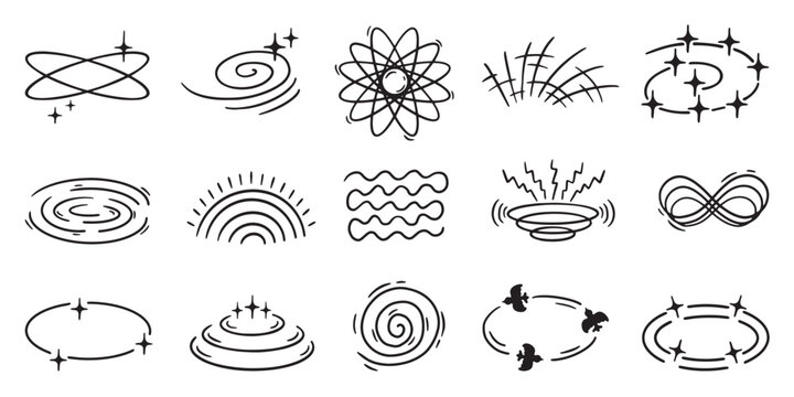 Doodle dizziness symbols. Birds, stars, lightning, swirling, chaotic circles. Symbol of loss of consciousness, impact effect, dizzy neoteric vector elements