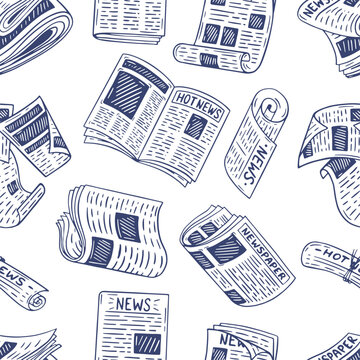 Doodle newspapers seamless pattern. Breaking news, paper information sheets. Magazines and periodic, pressa print template, neoteric vector background