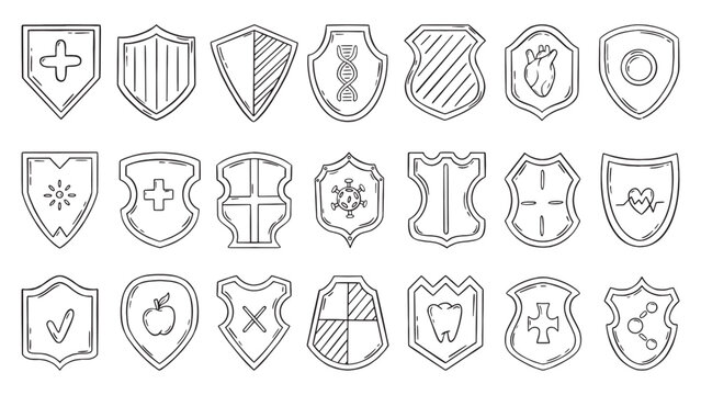 Protective shields. Medical shield with different symbols, tooth, virus, heart, dna spiral. Healthcare, insurance, self care and safety, neoteric vector elements