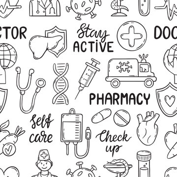 Doodle medical seamless pattern. Medicine elements, pharmacy, ambulance. Healthcare print for web page, fabric, neoteric vector background