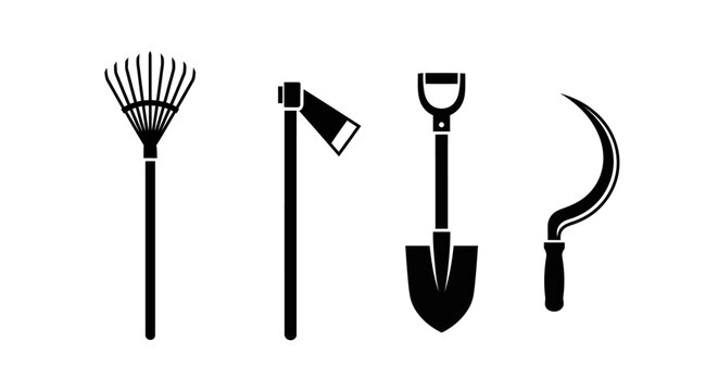 Gardening tools icons set including rake hoe shovel and sickle for yard work and landscaping