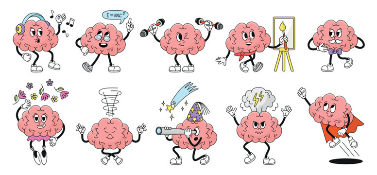 Groovy brain characters. Funny cartoon brains different emotions and poses. Human mind training, studies, curious. Adorable mascots, neoteric vector retro set
