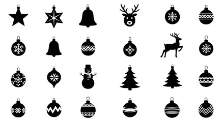 Black christmas icons set including ornaments bells reindeer snowman and trees on white background for holiday decoration © Pabitra