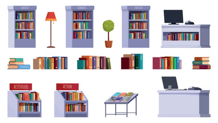 Cartoon bookstore furniture. Bookshelves and bookcases, book stacks, ad promotional stands with bestsellers and actions. Shop equipment sapid vector set © MicroOne