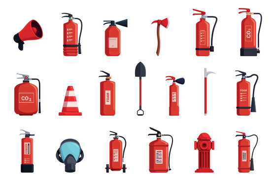 Fire protection tools. Firefighter equipment, isolated shovel, axe, protective face mask. Different red extinguisher with foam, safety sapid vector elements