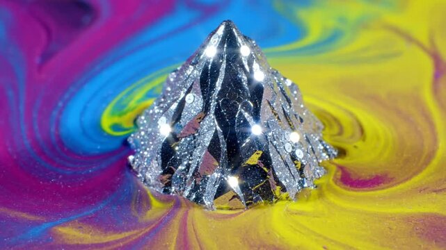 Shimmering silver mountain in abstract swirling colorful paint with sparkling highlights and reflections