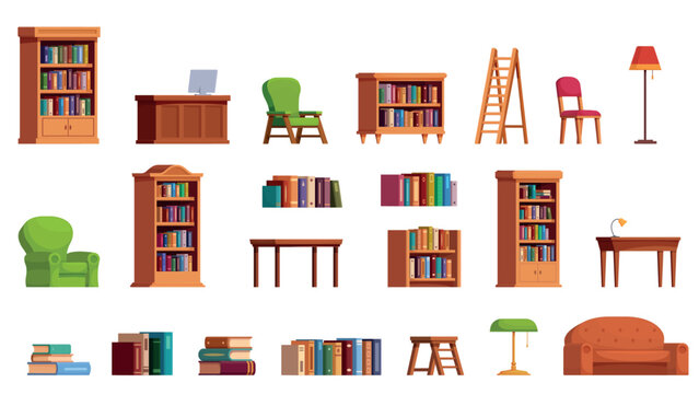 Public library furniture. Cartoon books, wooden bookcases and shelves, cozy chairs, stool. Table with table lamp, book piles. Bookstore sapid vector elements