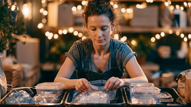 Candid medium shot of a hospitality employee carefully separating plastic containers in a softly lit zerowaste caf&Atilde;&copy; backroom focusing on ecofriendly practices and recycling