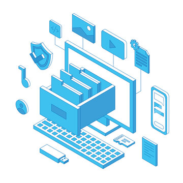 Isometric documents digital storage. Electronic document organization, files database, safety folders and docs, self info, nifty vector scene