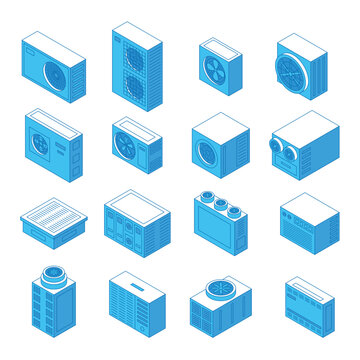 Isometric ventilation equipment. Cooling and warming equipment, industrial ventilation technologies. Climate control systems for fabric, houses, nifty vector set