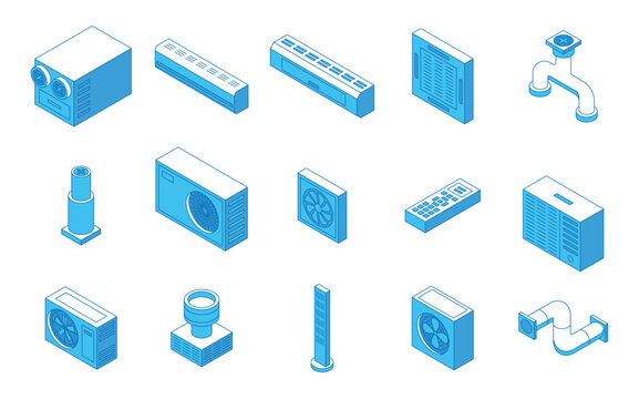 Isometric hvac elements. Different air conditioners, industrial and personal ventilation system equipment. Pipes and fans, modern climate control nifty vector set