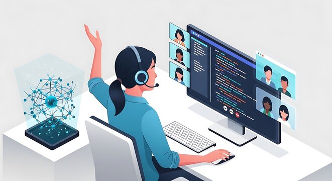 Woman working remotely with headset on.