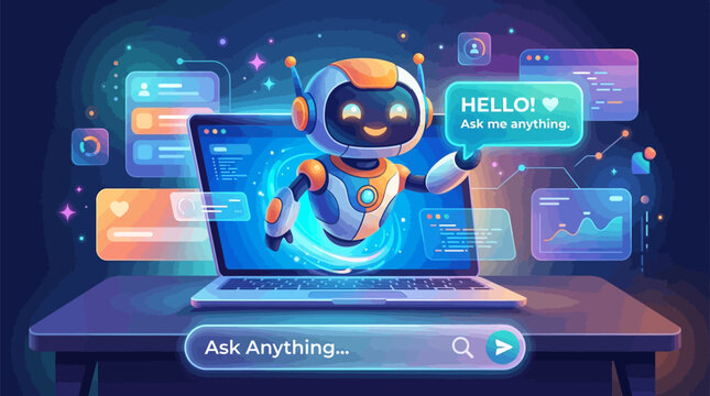 Friendly robot emerging from laptop screen with chat bubbles and 'ask anything' search bar on desk