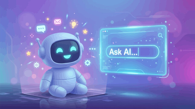 Cute robot with glowing blue eyes sitting next to a search bar that says 'ask ai' in a futuristic purple and blue background with various icons and symbols floating around