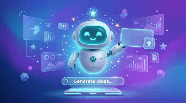 Futuristic ai robot generates ideas on laptop with glowing blue interface and purple background