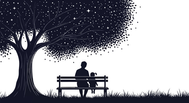 Emotional silhouette illustration of family sitting on bench under starry tree with night isolated on white background
