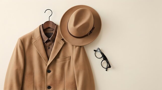 A stylish outfit consisting of a tan coat, hat, and glasses