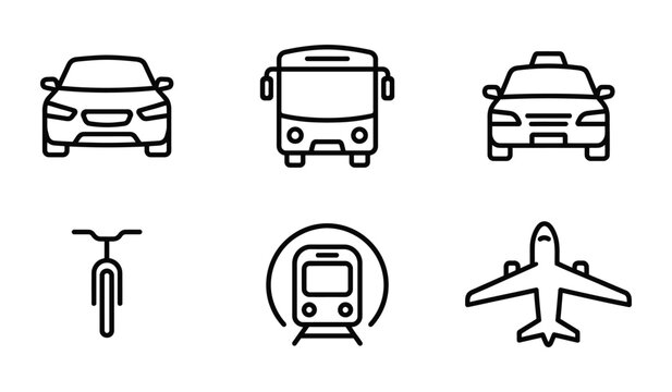 Set of vector icons illustrating various modes of transport including cars bus taxi bicycle train airplane with airplane
