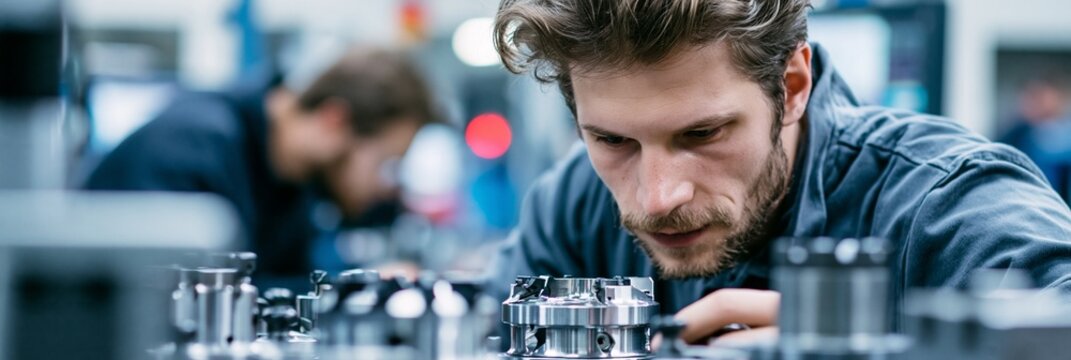 Skilled workers inspecting and refurbishing complex form cutters and broaches at a clean organized tooling shop ensuring optimal performance and durability.
