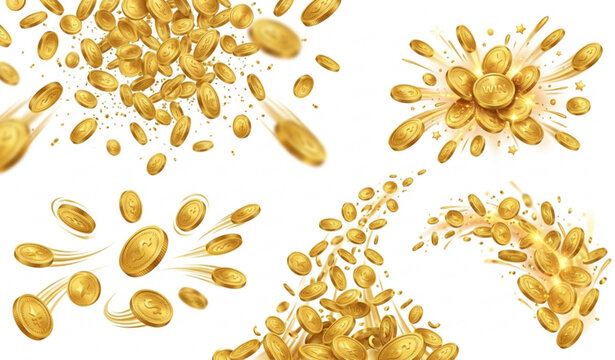 Realistic flying gold coin splash vector set with money rain casino jackpot and treasure effects
