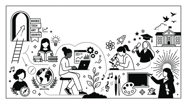 Educational doodles featuring students learning science technology arts and humanities.