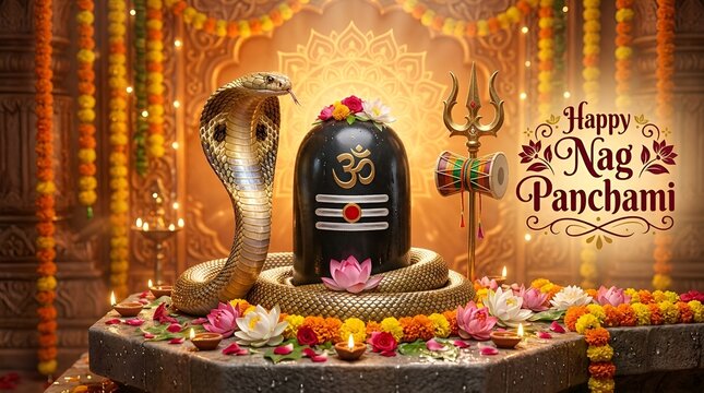 Happy nag panchami celebration with shiva lingam cobra trishul colorful flowers