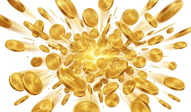 Golden coin explosion vector illustration with realistic money rain jackpot and casino earnings concept
