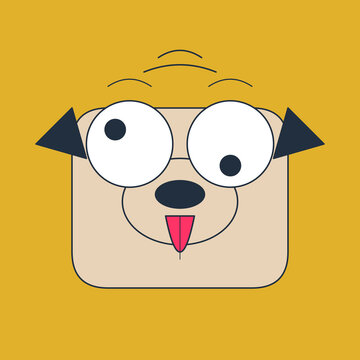 Minimalist flat illustration of funny pug dog face with giant googly eyes and pink tongue