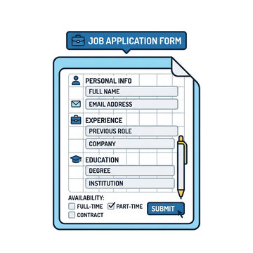 Job application form clipboard with personal details and employment information.
