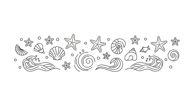 Doodle border illustration with seashells starfish and ocean waves.
