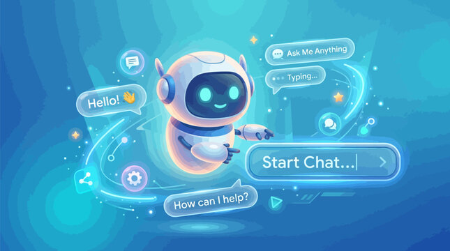 Cute robot character with glowing blue eyes and speech bubbles on a blue background representing ai chatbot technology and friendly customer service interaction