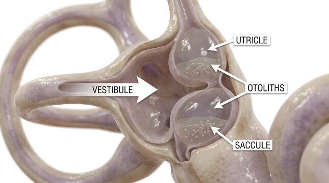 Detailed illustration of the human inner ear's vestibular system, showcasing the utricle, saccule, and otoliths, crucial for balance and spatial orientation
