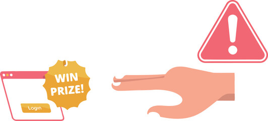 Scam alert hand reaching for prize from fake pop up window warning sign danger. © JERIN