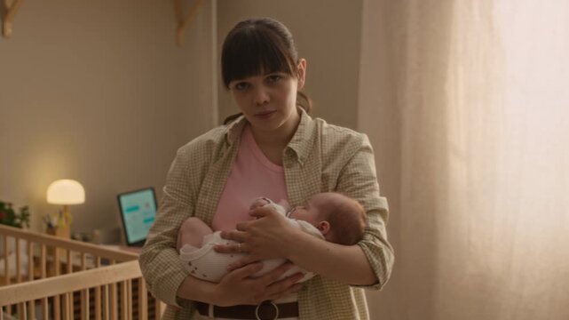 Zoom in slowmo portrait of young Caucasian mother on maternity leave rocking child sleeping in her arms and looking at camera in nursery room with laptop screen in blurred background