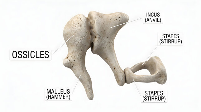 Anatomical illustration of the human ear's ossicles, detailing the malleus, incus, and stapes bones
