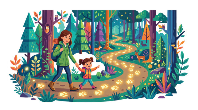 Whimsical forest adventure illustration with woman and child walking through magical isolated on white background