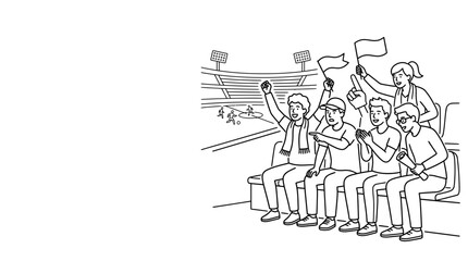 Group of enthusiastic sports fans cheering in stadium seats line drawing. © Laila Putri