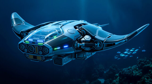 A futuristic spaceship floating in the ocean with a lot of fish