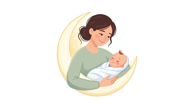 Sweet mother holding newborn baby in crescent moon illustration with tender care concept isolated on white background