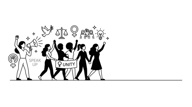 Group of diverse women marching for equality and social justice.