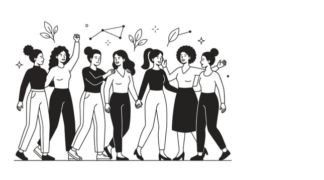 Group of diverse women standing together in a supportive community illustration.