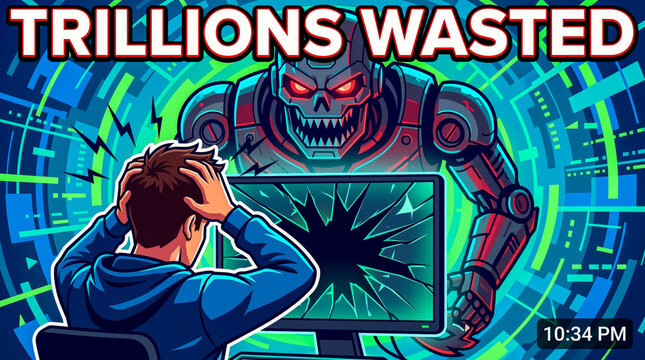 Stressed man looking at broken computer screen with scary cyber robot monster and trillions wasted text