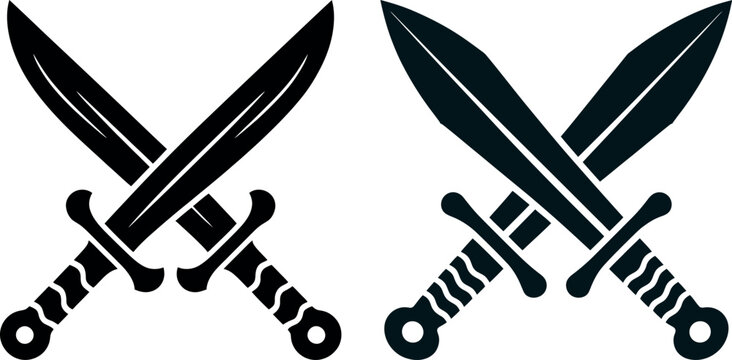 Two black crossed pirate swords icons with black and white adventure silhouette illustration
