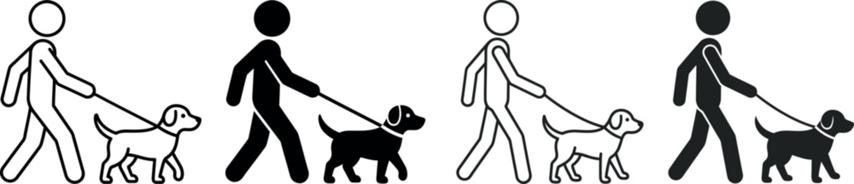Set of four vector illustrations depicting stick figures walking dogs on leashes, representing pet ownership and daily routines, stick figure