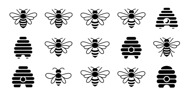 Bee icon pattern set with horizontal striped hives and clean vector style for playful branding and packaging