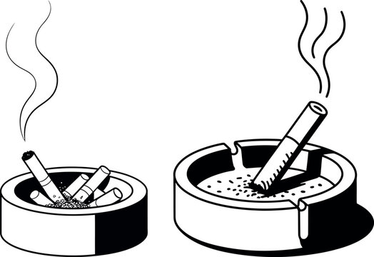 Ashtrays filled with cigarette butts and smoke black and white still life white background cigarette addiction illustration container disposal