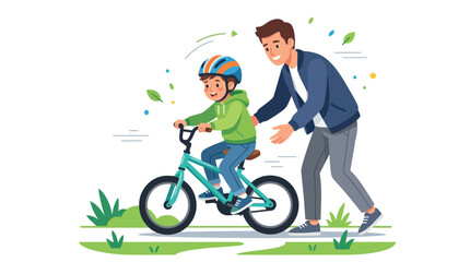 Fototapeta premium Father teaching young child to ride bicycle with safety helmet on outdoor park illustration isolated on white background
