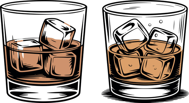 Two glasses of whiskey with ice cubes rocks glass ice cube line art beverage cocktail refreshment drinkware alcoholic refreshing distilled